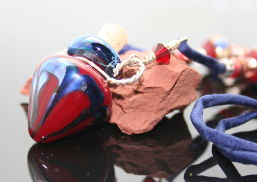 red and deep blue metallic lampwork glass aromatherapy bottle necklace