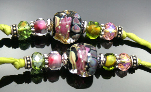 Aroma necklace on silk cord with silver and lampwork glass beads