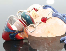 Denim silk, copper and pewter aromatherapy jewelry