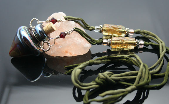 Sophisticated Glass Aromatherapy Pendant on Pure Silk Cord with Pretty Glass and Silver Beads